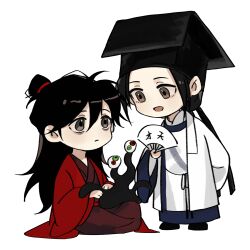 111218422 2boys :d absurdres bags_under_eyes black_eyes black_hair black_hat black_shoes brown_eyes chibi chibi_only chinese_clothes chinese_commentary closed_mouth coat creature dao_gui_yi_xian eyeball folding_fan full_body hair_between_eyes hair_bun half_updo hand_fan hand_fan_writing hanfu hat hat_ribbon highres holding holding_creature holding_fan jin_(headwear) li_huowang li_sui_(tentacles) long_hair long_sleeves looking_at_another male_focus multiple_boys open_clothes open_coat open_mouth paper_fan red_coat red_hanfu ribbon robe shoes simple_background single_hair_bun sitting smile standing tentacles updo white_background white_coat white_hanfu wide_sleeves yaoi zhouzi_jin_(headwear) zhuge_yuan