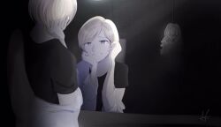 2girls asphyxiation barisol_no_kodomo_wa_hitorikko_(vocaloid) black_shirt blonde_hair blue_eyes blunt_bangs ceiling chimidoro_switch_(vocaloid) coat crying crying_with_eyes_open evillious_nendaiki forced_smile hanged hospital_gown kagamine_rin lab_coat levia_barisol long_hair m_ur_i mayu_(vocaloid) multiple_girls noose reflection rope_around_neck shaded_face shirt signature streaming_tears suicide tears temple tile_ceiling tiles vocaloid wavy_hair white_coat window
