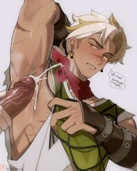 2boys afk_(series) afk_journey arm_behind_back arm_up armpit_sex armpits bandana bandana_around_neck blonde_hair blush brown_eyes chariko commentary cum cum_on_armpits cum_on_body curtained_hair earrings ejaculation english_commentary facial_hair goatee_stubble highres jewelry looking_to_the_side low-cut_armhole male_focus multicolored_hair multiple_boys nipples parted_lips patreon_logo patreon_username pectorals penis piercing presenting_armpit red_bandana scar scar_on_arm scar_on_face shirt short_sideburns sidepec sinbad_(afk) sleeveless sleeveless_shirt solo_focus speech_bubble stubble teeth thought_bubble upper_body veins veiny_penis white_hair yaoi