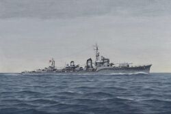 acrylic_paint_(medium) atelier_bono blue_sky cannon cloud cloudy_sky destroyer flag highres imperial_japanese_navy isokaze_(destroyer) mast military_vehicle no_humans ocean original painting_(medium) ship ship_turret sky smokestack traditional_media vehicle_focus warship watercraft weapon