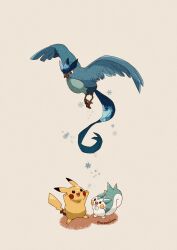Rule 34 | :d, absurdres, arms up, articuno, flying, full body, gen 1 pokemon, gen 4 pokemon, highres, legendary pokemon, looking at another, nintendo, no humans, open mouth, pachirisu, pikachu, pokemon, pokemon (creature), pokemon focus, smile, snowflakes, tail, twitter username, wings, zozozoshion