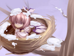 1girl castella cold crossed_arms female_focus in_nest in_tree lowres mystia_lorelei nest pink_hair purple_eyes short_hair snow solo touhou tree wings winter