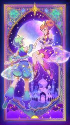 Rule 34 | arabian clothes, bare shoulders, blue shorts, colored eyelashes, cropped shirt, curly sidelocks, detached sleeves, double bun, frills, from behind, full body, green eyes, green hair, green shorts, hair bun, hair ornament, hand up, highres, himitsu no aipri, himitsupuri, legs together, light blush, light smile, looking at another, loose clothes, midriff, mitsuba airi, navel, orange eyes, orange hair, outline, pink shorts, pretty series, purple shirt, purple shoes, purple shorts, purple sleeves, see-through clothes, see-through sleeves, shinomiya rinrin, shirt, shoes, shorts, sitting, sleeveless, sleeveless shirt, standing, two-tone shorts, white outline