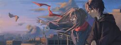 1boy 1girl absurdres against_railing black_hoodie blue_sky blue_sweater brown_hair building cityscape closed_mouth cloud commentary_request floating floating_clothes floating_hair floating_object from_side highres hood hoodie light_smile long_hair long_sleeves on_rooftop open_mouth original outdoors outstretched_arm power_lines purple_eyes railing reaching red_scarf scarf scenery short_hair sky sunset surprised sweater transformer turtleneck turtleneck_sweater upper_body utility_pole wavy_mouth white_sweater winter winter_clothes yellow_eyes yume_(user_kjuv7837)