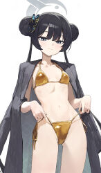 1girl absurdres bikini black_hair blue_archive butterfly_hair_ornament coat coat_on_shoulders collarbone cowboy_shot double_bun gold_bikini grey_eyes grey_halo hair_bun hair_ornament halo highres kisaki_(blue_archive) loli long_hair looking_at_viewer navel side-tie_bikini_bottom simple_background solo stomach swimsuit toi1et_paper trench_coat twintails very_long_hair
