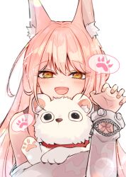 1girl :d animal animal_ear_fluff animal_ears bare_shoulders blush butterfly_tattoo claw_pose detached_sleeves goddess_of_victory:_nikke hair_intakes leona_(nikke) lion long_hair looking_at_viewer noharu open_mouth pink_hair shirt sidelocks simple_background smile tattoo timi_(nikke) turtleneck turtleneck_shirt upper_body white_shirt wrist_tattoo yellow_eyes