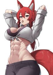 1girl abs absurdres adjusting_hair animal_ear_fluff animal_ears arms_behind_back arms_up bandaged_arm bandages black_pants breasts cleavage commission fox_ears fox_girl fox_tail green_eyes highres large_breasts long_hair looking_at_viewer muscular muscular_female navel original pants putcher red_hair shirt sleeves_rolled_up standing tail tied_shirt toned variant_set white_background white_shirt