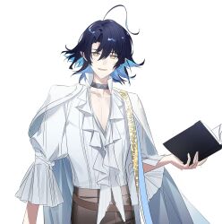 1boy ahoge arknights black_hair blue_hair book bright_pupils brown_pants cape chijeuseukon choker colored_inner_hair curtained_hair earrings flipped_hair freckles frilled_shirt frilled_sleeves frills grey_choker hair_between_eyes high-waist_pants highres holding holding_book jewelry korean_commentary long_sleeves looking_at_viewer lumen_(arknights) lumen_(golden_dream)_(arknights) male_focus multicolored_hair official_alternate_costume open_book pants parted_lips plunging_neckline pointy_ears popped_collar shirt short_hair simple_background three-quarter_sleeves smile solo upper_body white_background white_cape white_pupils white_shirt yellow_eyes
