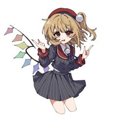 1girl beret blonde_hair collared_shirt cosplay crystal_wings fang fingernails flandre_scarlet grey_jacket grey_shirt grey_skirt hands_up hat highres hua88331 index_finger_raised indie_virtual_youtuber jacket light_blush long_fingernails nail_polish one_side_up open_mouth pinstripe_jacket pinstripe_pattern pinstripe_skirt pleated_skirt pom_pom_(clothes) red_eyes red_hat red_nails shigure_ui_(vtuber) shigure_ui_(vtuber)_(cosplay) shirt short_hair simple_background skirt smile solo white_background white_shirt