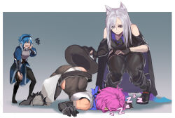 Rule 34 | 2 sensei, 3girls, animal ears, armor, ass, bandana, bandana around neck, belt, black boots, black coat, black gloves, black hairband, black hat, black pantyhose, black thighhighs, blue bandana, blue hair, boots, coat, elbow gloves, fingerless gloves, gloves, grey background, grey eyes, hairband, hat, leaning forward, long sleeves, lorna (pixiv fantasia last saga), mina (pixiv fantasia last saga), multiple girls, pantyhose, pink hair, pixiv fantasia, pixiv fantasia last saga, shirt, short hair, sleeping, sleeveless, sleeveless shirt, thighhighs, unworn hat, unworn headwear, white hair, zzz