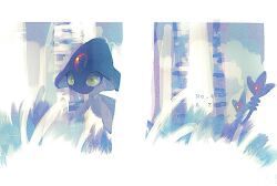 azelf border character_name denkyu20011 floating forehead_jewel full_body gen_4_pokemon green_eyes legendary_pokemon midair nintendo outdoors pokemon pokemon_(creature) solo white_border