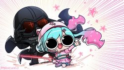 1boy 1girl armor black_cape blue_hair cape chibi commentary darth_vader energy_sword english_commentary fortnite hair_ornament hatsune_miku highres lightsaber miyan_(oceanmaiden) neko_hatsune_miku pink_hair red_lightsaber sparkling_eyes star_(symbol) star_wars sword twintails v vocaloid weapon