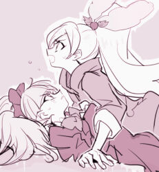 blunt_bangs bow bowtie character_request dress eyelashes fingernails flustered from_side fur-trimmed_bow hair_bow hair_ornament hair_scrunchie hand_on_ground heke high_ponytail holly_hair_ornament hood hood_down hooded_jacket jacket juliet_sleeves kirahoshi_ciel kirakira_precure_a_la_mode large_bow light_frown long_hair long_sleeves looking_ahead lying lying_on_person messy_hair on_back on_ground on_stomach open_mouth outline parted_lips pink_background pink_theme pointy_ears ponytail precure puffy_sleeves school_uniform scrunchie simple_background sleeve_cuffs sweatdrop very_long_hair white_outline yuri