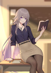 1girl alternate_costume arm_support belt black_belt black_pantyhose blurry blurry_background book bracelet breasts brown_hair brown_skirt chalkboard classroom collarbone collared_shirt desk dusk eraser feet_out_of_frame gradient_hair hair_ribbon herta_(honkai:_star_rail) highres holding holding_book honkai:_star_rail honkai_(series) indoors jewelry key key_necklace long_hair looking_at_viewer missing_commentary multicolored_hair nail_polish necklace on_desk open_book paid_reward_available pantyhose paper parted_lips pencil pencil_skirt pink_nails purple_eyes purple_hair purple_ribbon purple_shirt ribbon school_desk shirt shirt_tucked_in sitting skirt sleeves_rolled_up small_breasts smile solo sunlight teacher the_herta_(honkai:_star_rail) very_long_hair yunkaiming