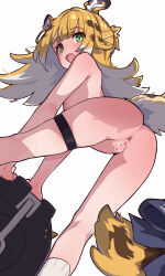 1girl animal_ears blonde_hair blush censored fang from_behind green_eyes heart heart_censor highres ju_fufu loli long_hair looking_at_viewer looking_back mangmoongming nude open_mouth solo tail thigh_strap tiger_ears tiger_tail zenless_zone_zero