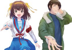 1boy 1girl :d armband blue_sailor_collar blue_skirt blush brown_eyes brown_hair closed_mouth coat cowboy_shot fur-trimmed_coat fur_trim green_coat gurira_(gyud0nm0rim0ri) hair_between_eyes hair_ribbon hairband happy highres index_finger_raised kita_high_school_uniform kyon long_sleeves looking_at_viewer medium_hair nose open_mouth outstretched_arm outstretched_hand red_armband red_ribbon ribbon sailor_collar school_uniform serafuku shirt short_hair simple_background skirt smile suzumiya_haruhi suzumiya_haruhi_no_yuuutsu teeth turtleneck upper_teeth_only white_background white_shirt wide-eyed winter_uniform yellow_hairband yellow_ribbon