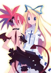 Rule 34 | 2girls, angel, angel and devil, angel wings, arm ribbon, artbook, backless dress, backless outfit, bare back, bare shoulders, black dress, black ribbon, black vs white, blonde hair, blue eyes, blue ribbon, blush, cross, cross print, demon girl, demon tail, demon wings, disgaea, dress, earrings, etna (disgaea), flonne, frilled thigh strap, from behind, hair ribbon, harada takehito, high collar, highres, jewelry, juliet sleeves, long hair, long sleeves, looking at viewer, makai senki disgaea, multiple girls, non-web source, official art, outline, parted lips, pointy ears, puffy sleeves, red eyes, red hair, red tail, red wings, ribbon, short hair, short twintails, simple background, skull earrings, slit pupils, standing, tail, thigh strap, twintails, white background, white dress, white wings, wings, yellow outline