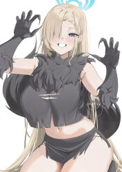 1girl absurdres alternate_costume asuna_(blue_archive) black_fur black_gloves blue_archive blue_eyes blue_halo breasts commentary_request gloves hair_over_one_eye halo highres large_breasts long_hair looking_at_viewer midriff navel ref_(pmxt4483) simple_background smile solo thighs very_long_hair white_background