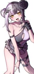 1girl absurdres bikini black_bikini black_hair black_nails blush breasts cleavage double_bun grey_hair hair_bun highres hololive hololive_english large_breasts looking_at_viewer multicolored_bikini multicolored_hair o-ring o-ring_thigh_strap official_alternate_costume official_alternate_hairstyle open_mouth purple_bikini shiori_novella silva_arts simple_background solo split-color_hair swimsuit thigh_strap two-tone_bikini virtual_youtuber white_background yellow_eyes