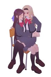 Rule 34 | 2girls, absurdres, arm around waist, black hairband, black socks, black thighhighs, blonde hair, bow, bowtie, brown hair, brown shoes, chair, closed eyes, collared shirt, commentary, grey jacket, grey skirt, hair ribbon, hairband, hands on another&#039;s waist, hashtag-only commentary, highres, jacket, kneehighs, loafers, long hair, multiple girls, open mouth, parted lips, pink eyes, pleated skirt, purple ribbon, raven (rnzraven), red bow, red bowtie, ribbon, saijou claudine, school chair, seishou music academy uniform, shirt, shoes, shoujo kageki revue starlight, simple background, skirt, smile, socks, tendou maya, thighhighs, white background, white shirt, yuri