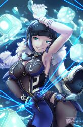 1girl arched_back arm_up armlet armpits asymmetrical_gloves bead_choker beads black_hair blue_dress bob_cut bodystocking breasts clothing_cutout cowboy_shot diagonal_bangs dice dress fur-trimmed_jacket fur_trim genshin_impact gloves green_eyes highres holding holding_dice jacket jacket_on_shoulders jewelry kidakash large_breasts looking_at_viewer medium_breasts mismatched_gloves mole mole_on_breast self-upload short_hair side_cutout smile tassel vision_(genshin_impact) yelan_(genshin_impact)