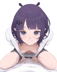 1girl absurdres alternate_breast_size areola_slip black_shorts blue_eyes breasts closed_mouth commentary downblouse english_commentary good_morning_my_brother_(meme) highres hololive hololive_english looking_at_viewer meme mole mole_under_eye ninomae_ina&#039;nis ninomae_ina&#039;nis_(loungewear) no_bra official_alternate_hairstyle pointy_ears purple_hair shirt short_hair shorts simple_background small_breasts solo spicyyrum sweat tentacle_hair virtual_youtuber white_background white_shirt