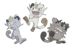 Rule 34 | alolan form, alolan meowth, animal, animal focus, black eyes, blush, cat, closed eyes, galarian form, galarian meowth, gen 1 pokemon, gen 7 pokemon, gen 8 pokemon, happy, highres, horns, meowth, nintendo, no humans, ouran, pawpads, pokemon, pokemon (creature), signature, simple background, smile, whiskers, white background