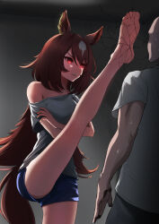 1boy absurdres against_wall animal_ears bare_shoulders barefoot breasts brown_hair closed_mouth commentary_request crossed_arms ear_ornament foot_kabedon hair_between_eyes hatinanasan8787 highres horse_ears horse_girl horse_tail kabedon leg_up looking_at_viewer medium_breasts multicolored_hair red_eyes shirt short_sleeves shorts sirius_symboli_(umamusume) soles solo_focus streaked_hair tail trainer_(umamusume) umamusume white_hair