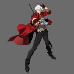1boy absurdres black_pants coat dante_(devil_may_cry) devil_may_cry_(netflix) devil_may_cry_(series) fingerless_gloves gloves grey_background gun handgun highres holding holding_gun holding_weapon il_kwang_kim male_focus official_art pants rebellion_(sword) red_coat shirt simple_background smile sword sword_on_back weapon weapon_on_back white_coat
