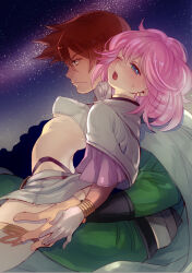 1boy 1girl arched_back ass blue_eyes blush breasts brown_hair cape commentary_request gloves grinding hayasaka hetero highres night one_eye_closed open_mouth outdoors pink_hair profile rance rance_(series) serious sill_plain sky small_breasts star_(sky) starry_sky