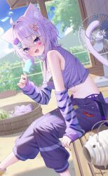 Rule 34 | 1girl, :d, absurdres, ahoge, ai (u e o o), animal ear fluff, animal ears, blue sky, camisole, cargo pants, cat ears, cat girl, cat tail, crossed bangs, day, double-parted bangs, food, from side, hair between eyes, hair ornament, hairpin, highres, holding, holding food, holding popsicle, hololive, holonatsu paradise, looking at viewer, midriff, navel, nekomata okayu, nekomata okayu (holonatsu paradise), official alternate costume, okanyan (nekomata okayu), onigirya (nekomata okayu), open mouth, outdoors, pants, popsicle, purple arm warmers, purple camisole, purple eyes, purple hair, short hair, sitting, sky, smile, solo, tail, virtual youtuber, wind chime