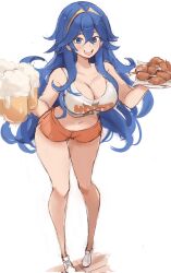 1girl :d alternate_costume beer_mug blue_eyes blue_hair breasts chicken_wing cleavage collarbone commentary cup employee_uniform english_commentary fire_emblem fire_emblem_awakening foam full_body hair_between_eyes highres holding holding_cup holding_plate hooters large_breasts leaning_forward long_hair looking_at_viewer lucina_(fire_emblem) midriff mug navel nintendo open_mouth orange_shorts owl_print plate print_tank_top rakeemspoon short_shorts shorts smile solo standing tank_top tiara waitress white_background
