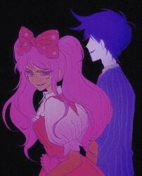 Rule 34 | 1boy, 1girl, antenna hair, belt, black background, bossman hero, bow, breasts, chinese commentary, collared shirt, commentary request, dark-skinned female, dark skin, dress, faceless, faceless male, film grain, frilled sleeves, frills, grin, hair bow, heart belt, hero (headspace) (omori), hero (omori), highres, long hair, looking at viewer, looking back, omori, pink belt, pink bow, pink dress, pink eyes, pink hair, polka dot, polka dot bow, profile, puffy short sleeves, puffy sleeves, purple hair, purple shirt, shirt, short hair, short sleeves, simple background, sleeveless, sleeveless dress, small breasts, smile, striped clothes, striped shirt, sweetheart (omori), tiezhu17, twintails, upper body, vertical-striped clothes, vertical-striped shirt, wavy hair, white shirt