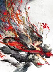 Rule 34 | 1boy, between fingers, black boots, black eyes, black hair, black hanfu, boots, chinese clothes, colored smoke, energy, faux traditional media, fighting stance, fire, floating clothes, floating hair, flute, flute tassel, hair ribbon, hanfu, holding, holding flute, holding instrument, holding ofuda, ink wash painting, instrument, kcllzas163, light particles, long hair, long sleeves, looking at viewer, male focus, modao zushi, ofuda, ofuda between fingers, on one knee, pants, ponytail, red ribbon, ribbon, robe, smile, smoke, solo, talisman, tassel, weapon, wei wuxian, white background, white pants, wide sleeves