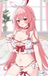 1girl armband atelier_live bare_shoulders bikini bow braid breasts choker cleavage crop_top embarrassed frilled_armband frilled_choker frilled_shirt frilled_thigh_strap frills hair_ribbon hand_up highres kuroyuki_0713 long_hair looking_at_viewer medium_breasts multi-strapped_bikini_bottom navel no_pants open_mouth pink_hair pinku_(vtuber) red_bikini red_bow red_choker red_eyes ribbon shirt side-tie_bikini_bottom sleeveless sleeveless_shirt solo stomach string_bikini swimsuit thigh_strap very_long_hair virtual_youtuber white_shirt