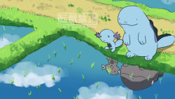 ._. :o clodsire commentary_request different_reflection dirt_road gen_2_pokemon looking_down nintendo no_humans o_o paldean_wooper pic_koiwai pokemon pokemon_(creature) quagsire reflection reflective_water rice_paddy road twitter_username watermark wooper