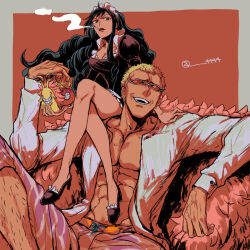Rule 34 | 1boy, 1girl, 4444 (tetsuya), abs, baby 5, black hair, blonde hair, cape, cigarette, crossed legs, den den mushi, donquixote doflamingo, dress, drill hair, full body, fur-trimmed cape, fur trim, high heels, juliet sleeves, leg hair, long hair, long sleeves, maid headdress, on shoulder, one piece, open clothes, open shirt, puffy sleeves, short hair, smile, smoke, twitter username, v-shaped eyebrows
