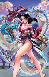 Rule 34 | 1girl, alternate costume, arm up, artist collaboration, artist name, black hair, brown eyes, chinese clothes, cloud, dragon, eastern dragon, fa mulan, hand fan, highres, holding, holding fan, holding sword, holding weapon, j. scott campbell, jian (weapon), long hair, looking at viewer, open mouth, original, paper fan, sharp teeth, side slit, signature, solo, sword, tanya lehoux, teeth, watermark, weapon, web address