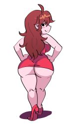 1girl ass black_eyes breasts brown_hair dress friday_night_funkin&#039; girlfriend_(friday_night_funkin&#039;) hands_on_own_hips highres huge_ass large_breasts long_hair looking_at_viewer looking_back red_dress red_footwear shoes sleeveless sleeveless_dress very_long_hair white_background wide_hips ytrall