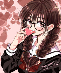 1girl artist_name black-framed_eyewear black_shirt blush bow bowtie braid brown_eyes brown_hair commentary_request dated glasses hair_between_eyes hand_up heart heart_background holding holding_heart long_hair long_sleeves looking_at_viewer open_mouth original pink_background red_bow red_bowtie sailor_collar school_uniform serafuku shirt signature solo sugano_manami teeth twin_braids upper_body valentine white_sailor_collar