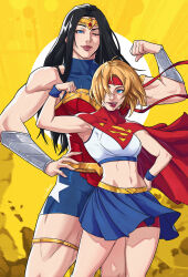 2girls abstract_background ahoge armlet armor armored_dress armpits bare_arms bare_shoulders belt black_hair blonde_hair blue_collar blue_eyes blue_shorts blue_skirt blue_wrist_cuffs bracer breasts cape clenched_hand collar collarbone crop_top dc_comics dress flexing floating_cape floating_clothes floating_hair gold_armlet gold_belt gold_thighlet gold_tiara gold_trim hair_over_one_eye hair_over_shoulder hand_on_own_hip headband highres jewelry jhony_caballero long_hair looking_at_another looking_at_viewer looking_down mature_female midriff miniskirt multiple_girls muscular muscular_female one_eye_closed red_cape red_dress red_headband red_lips red_shorts short_hair shorts sidelocks signature skirt smile star_(symbol) supergirl superhero_costume thigh_strap thighs tiara toned toned_female tongue tongue_out wonder_woman wrist_cuffs wristband yellow_background