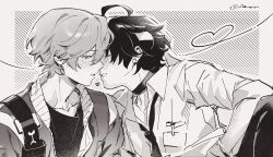 2boys artist_name asaba_harumasa blush choker closed_eyes collarbone collared_shirt commentary cross cross_choker english_commentary fuburger greyscale hair_between_eyes half-closed_eyes headband heart heart_of_string highres id_card imminent_kiss jacket long_sleeves looking_at_another male_focus monochrome multiple_boys necktie open_clothes open_jacket outside_border pants shirt short_hair smile striped_background teeth upper_body wise_(zenless_zone_zero) yaoi zenless_zone_zero
