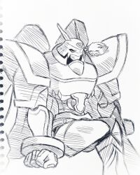 Rule 34 | alphamon, armor, cape, crossed legs, digimon, digimon (creature), dorimon, highres, monochrome, sleeping, traditional media