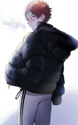 1boy backlighting black_jacket blurry_edges blush breath cold cowboy_shot ear_piercing eyelashes facing_to_the_side film_grain from_behind fur-trimmed_jacket fur_trim furrowed_brow hand_in_pocket harai_kuko highres hypnosis_mic jacket light_particles looking_afar male_focus multiple_piercings nbnekochan nose_blush padded_jacket pale_skin pants parted_lips piercing plug_(piercing) red_hair short_hair sleeves_past_fingers sleeves_past_wrists solo spiked_hair track_pants white_pants yellow_eyes