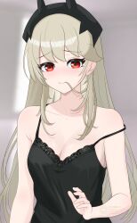 1girl absurdres black_hairband black_tank_top blonde_hair breasts closed_mouth fortnite futatunoniji hair_between_eyes hairband highres long_hair medium_breasts princess_lexa red_eyes smile solo tank_top