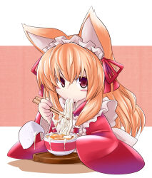 aburaage animal_ears blush blush_stickers bowl chopsticks cum cum_in_mouth cum_on_body cum_on_food cup_ramen dress eating facial food fox_ears hair_ribbon headdress highres kitsune_udon kobayashi_tetsuya long_hair looking_at_viewer maruchan_akai_kitsune_udon noodles orange_hair original red_dress red_eyes ribbon simple_background solo solo_focus udon