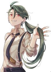 1girl androgynous brown_shirt cibamatoxins commentary_request ear_piercing earrings eyes_visible_through_hair flat_chest green_hair grin hair_between_eyes highres holding holding_own_hair jewelry long_hair nintendo piercing pokemon pokemon_sv ponytail red_eyes reverse_trap rika_(pokemon) shirt smile solo suspenders upper_body very_long_hair