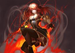 Rule 34 | 10s, 1girl, absurdres, ass, black gloves, black thighhighs, boots, braid, cleavage cutout, clothing cutout, female focus, fire, gloves, grey eyes, grin, highres, long hair, panties, pantyshot, re:creators, red hair, red panties, selesia upitiria, simple background, skirt, smile, solo, squatting, thighhighs, tollrin-senpai, underwear