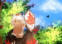 2girls absurdres animal_ear_fluff animal_ears black_bridal_gauntlets black_skirt blue_sky bra breasts bridal_gauntlets chinese_commentary cleavage closed_mouth cloud commentary_request day feet_out_of_frame hat highres holding holding_shield hot inubashiri_momiji large_breasts multiple_girls outdoors pom_pom_(clothes) red_eyes red_hat red_skirt scabbard shameimaru_aya sheath shield short_hair skirt sky sleepymoon solo_focus squatting sweat tokin_hat tongue tongue_out touhou tree two-tone_skirt underwear white_bra white_hair wolf_ears wolf_girl