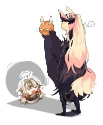 ... 2girls x_mouth animal_ears arknights black_coat black_footwear black_hair blemishine_(arknights) blonde_hair boots chibi coat full_body grey_hair hair_intakes haunting headgear holding horrified horse_ears horse_girl horse_tail long_hair multiple_girls odmised official_alternate_costume orange_eyes ponytail pumpkin_on_head shadow simple_background snowsant_(arknights) speech_bubble spoken_ellipsis rectangular_mouth standing tail white_background